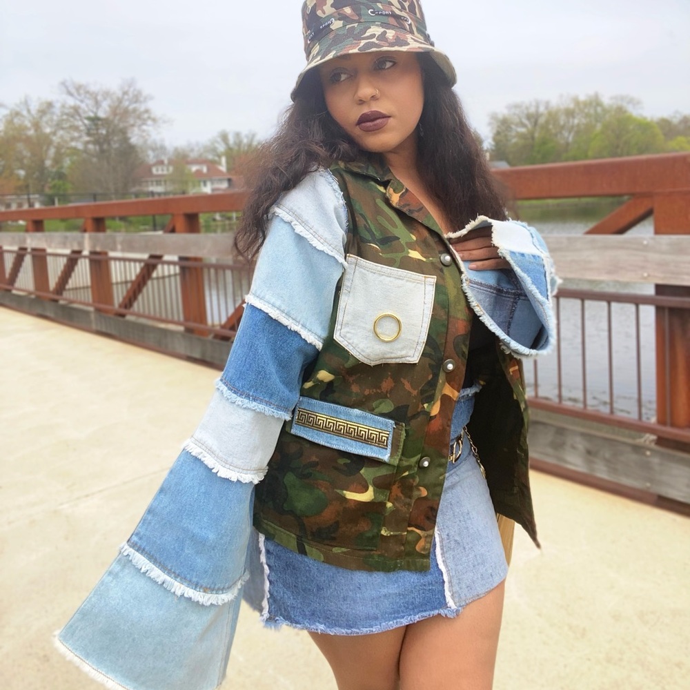 Custom distressed Camo denim jacket